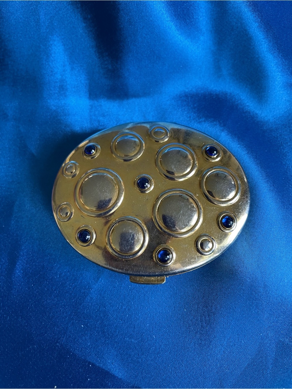 Gold Decorative Compact Mirror with Raised Blue Bead Accent. 2 1/2” x 3”
